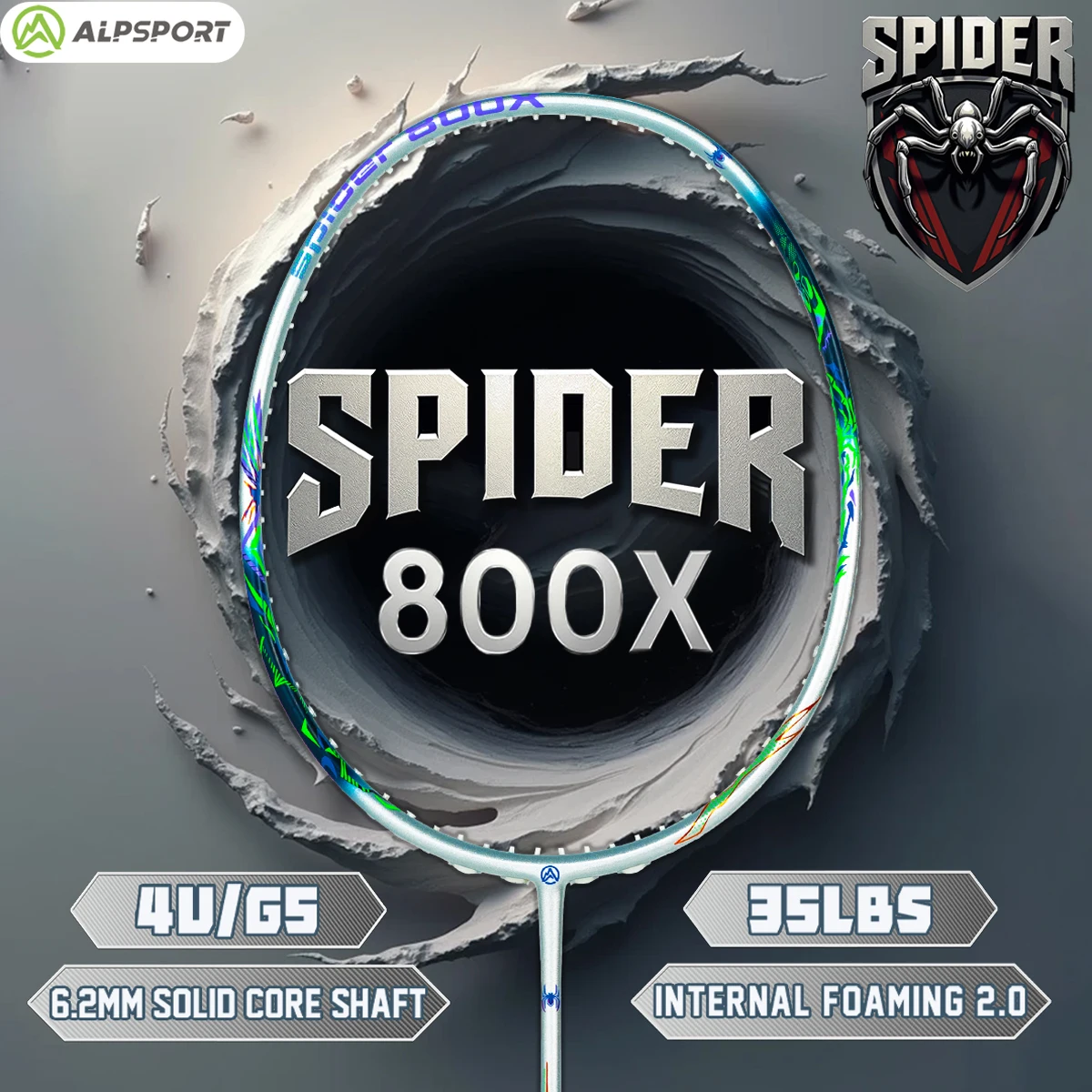 ALP SPIDER 800X 3D 4U Superleichter Vollcarbon-Badmintonschläger Max. 35LBS Hohe Spannung für Präzisionssteuerung ALPSPORT Original Image