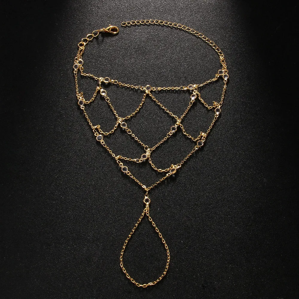 Bohemian Mesh Strass Hand Kette Armband Ring Luxus Kristall Perlen Link Ring Armband Wasserdicht Braut Hochzeit Geschenk Image