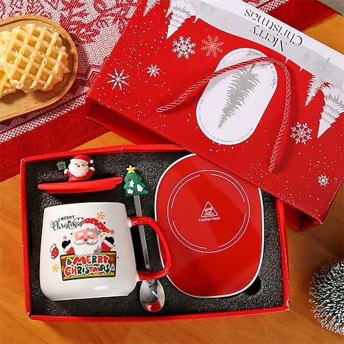 Frohe Weihnachten Geschenke Kit warm 55 Weihnachtsmann Muster Kaffeetasse Löffel Sets Holzdeckel Schneemann Keramikbecher für den Büro- und Heimgebrauch Image