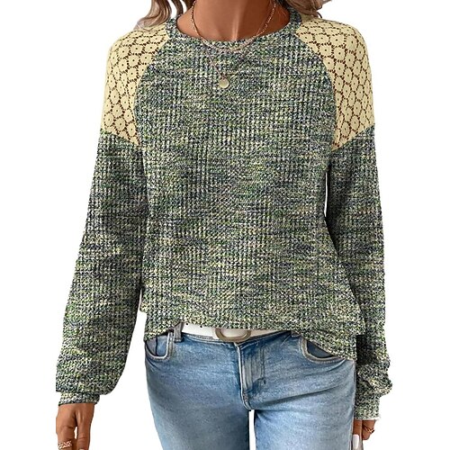 Damen Bluse Spitze Patchwork Einfarbig Vintage Tropisch Stilvoll Langarm Rundhalsausschnitt Normale Oberteile Täglich Weiß Rosa Grün Khaki Sommer Frühling Herbst Winter Image