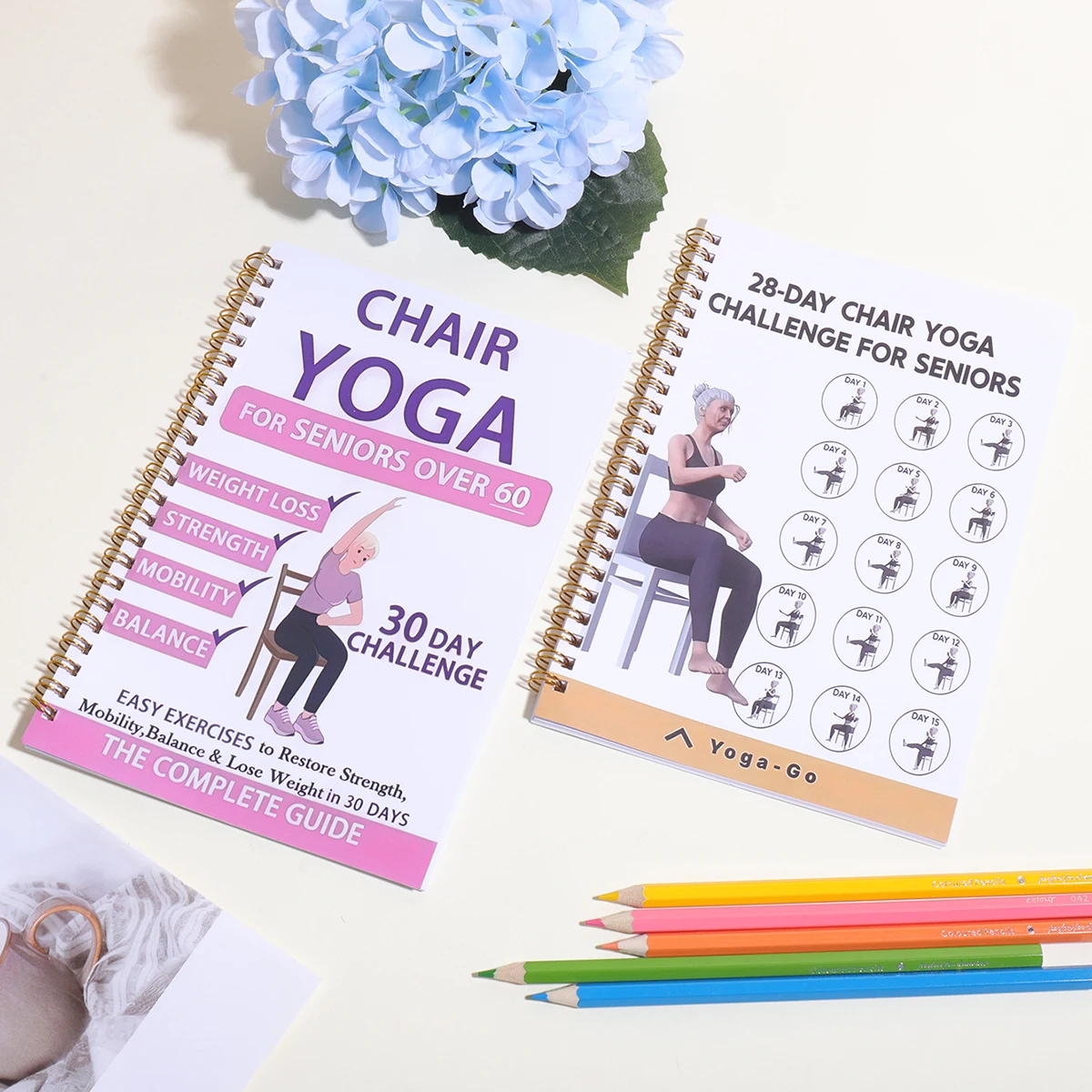 33-Seiten/Buch Chair Yoga Challenge Plan-Buch, ältere Menschen, tägliche Yoga-Übungsanleitung auf Englisch und gesundes Diät-Tagebuch