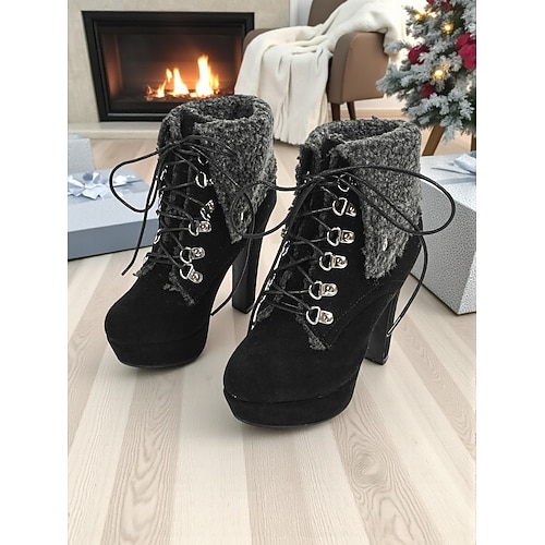 Rote High Heel Stiefel mit Kunstfellfutter für Damen – stylische Plateaustiefel mit Schnürung für den Winter, Weihnachtsfeiern festliche Anlässe Image