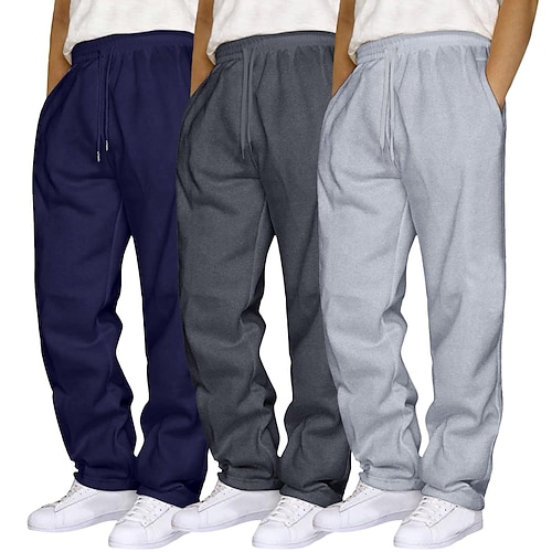 3-teiliges Herren-Jogginghose mit weitem Bein, Jogginghose mit offenem Beinabschluss, Kordelzug, elastischer Bund, Mehrfachpackung, einfarbig, atmungsaktiv, volle Länge, Sport, Outdoor, lässig, Image