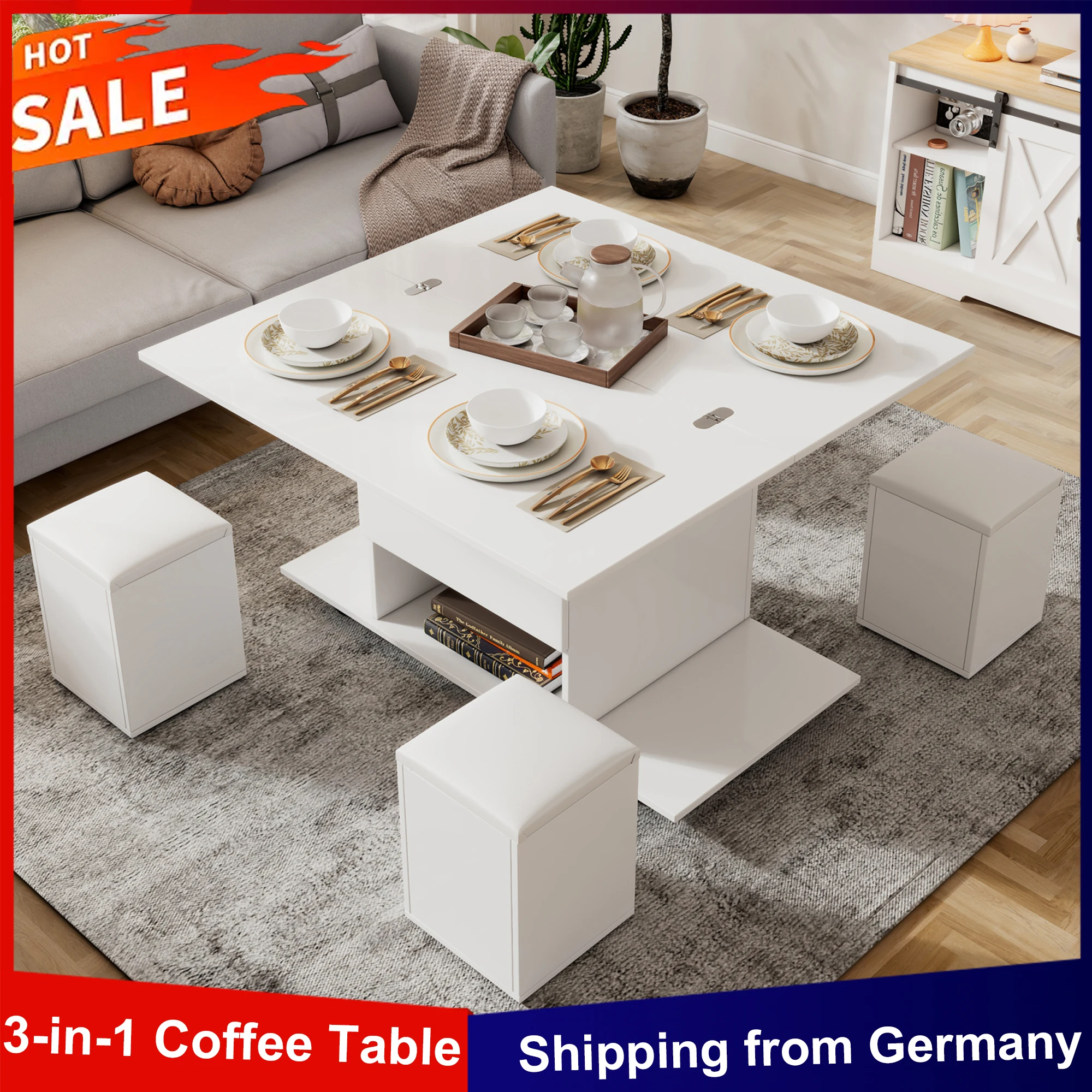 Anajqaqia 3-in-1-Couchtisch, multifunktionaler verstellbarer Beistelltisch, umwandelbarer Wohnzimmertisch, Arbeitstisch mit 4 Hockern und Rollen Image