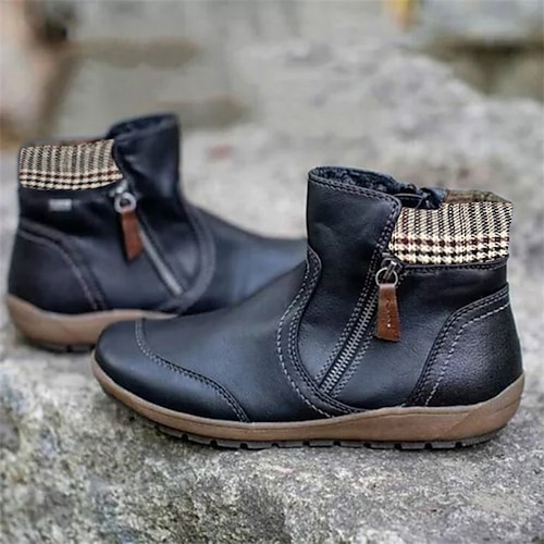 Damen Stiefel Übergrössen Outdoor Täglich Stiefeletten Stiefeletten Winter Reißverschluss Flacher Absatz Runde Zehe Vintage Brautkleider schlicht Wanderschuhe PU Leder Reißverschluss Plaid Farbblock Image