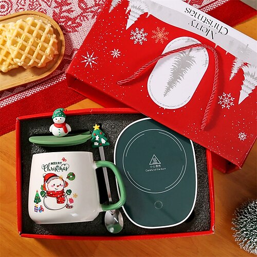 Frohe Weihnachten Geschenke Kit warm 55 Weihnachtsmann Muster Kaffeetasse Löffel Sets Holzdeckel Schneemann Keramikbecher für den Büro- und Heimgebrauch Image