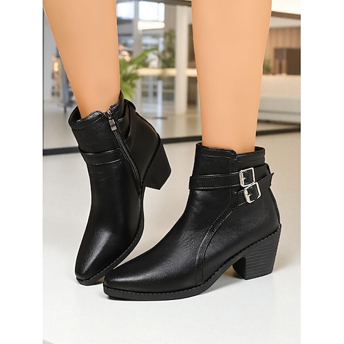 Damen Stiefeletten aus braunem Kunstleder – stylischer Schnallenriemen mit Reißverschluss, Blockabsatz, für Büro und Freizeit Image