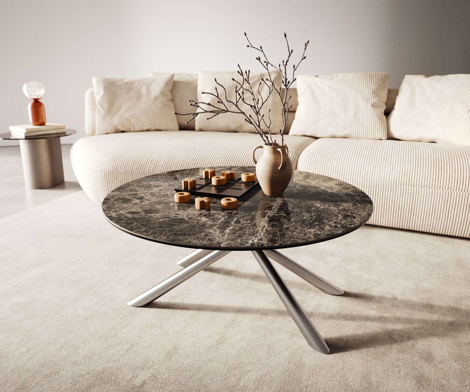 DELIFE Couchtisch Edge Rund 90x90 cm Keramik Laminam® Emperador Extra Lucidato Dunkelbraun Sarity Edelstahl gebürstet, Couchtische Image