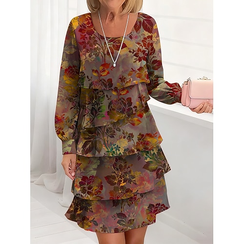 Damen Midikleid A Linie Kleid Lässig Täglich Normale Passform Blumen Grafik Langarm Rundhalsausschnitt Rote Blau Purpur Grün Herbst Winter Image