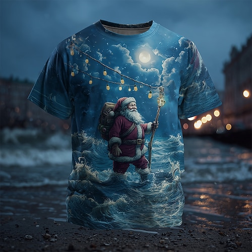 Weihnachten Herren Weihnachtsmann Strandparty T Shirt Kurzarm T-Shirt 3D-Druck Rundhalsausschnitt Hemd Täglich Designer Künstlerisch Urlaub Party Straße Blau 2# Blau 1# Dunkelblau Ganzjahres