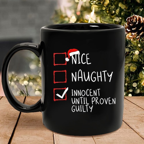 Weihnachtsbecher mit lustigem Geschenk, schwarz, Weihnachtskaffeetasse, 330 ml/12 oz, Keramiktasse, Retro-Vintage-Design Image