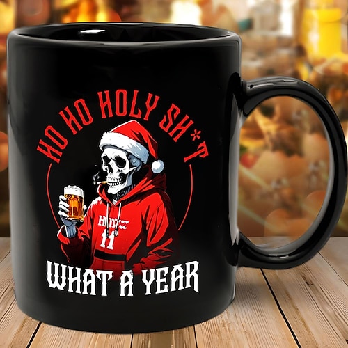 Weihnachtsbecher mit lustigem Geschenk, schwarz, Weihnachtskaffeetasse, 330 ml/12 oz, Keramiktasse, Retro-Vintage-Design Image