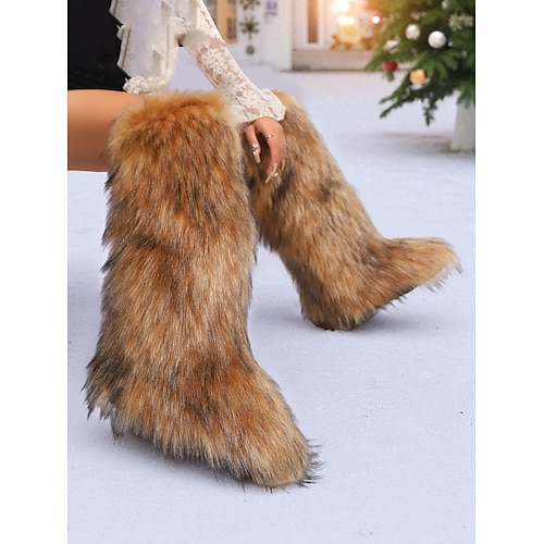 Kniehohe Damenstiefel aus Kunstpelz – Schwarz-Weiß-Print, gemütliche Winterschuhe für modischen Kaltwetter- und Urlaubsstil Image