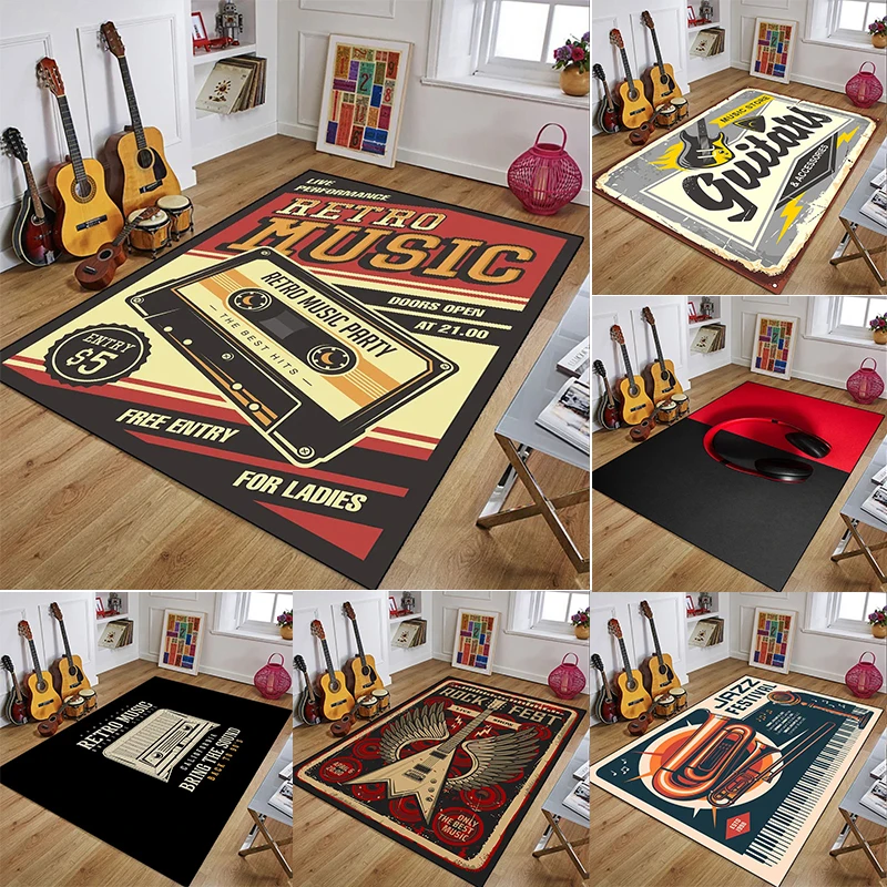 Teppich mit Retro-Musik-Thema und Kassette, Jazz-Gitarre, Rock-Muster, saugfähige Bodenmatte für Wohnzimmer, Schlafzimmer, Heimdekoration Image