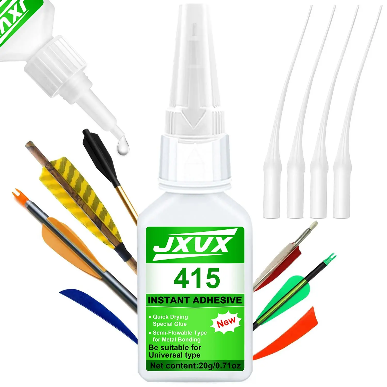 JXVX 415 Superkleber Sofort trocknender Cyanacrylat-Klebstoff Professioneller Klebstoff für Pfeilschäfte, Kunststoffe und Reparaturen von Kohlefaser Stark haftender Flüssigkleber, inklusive Image
