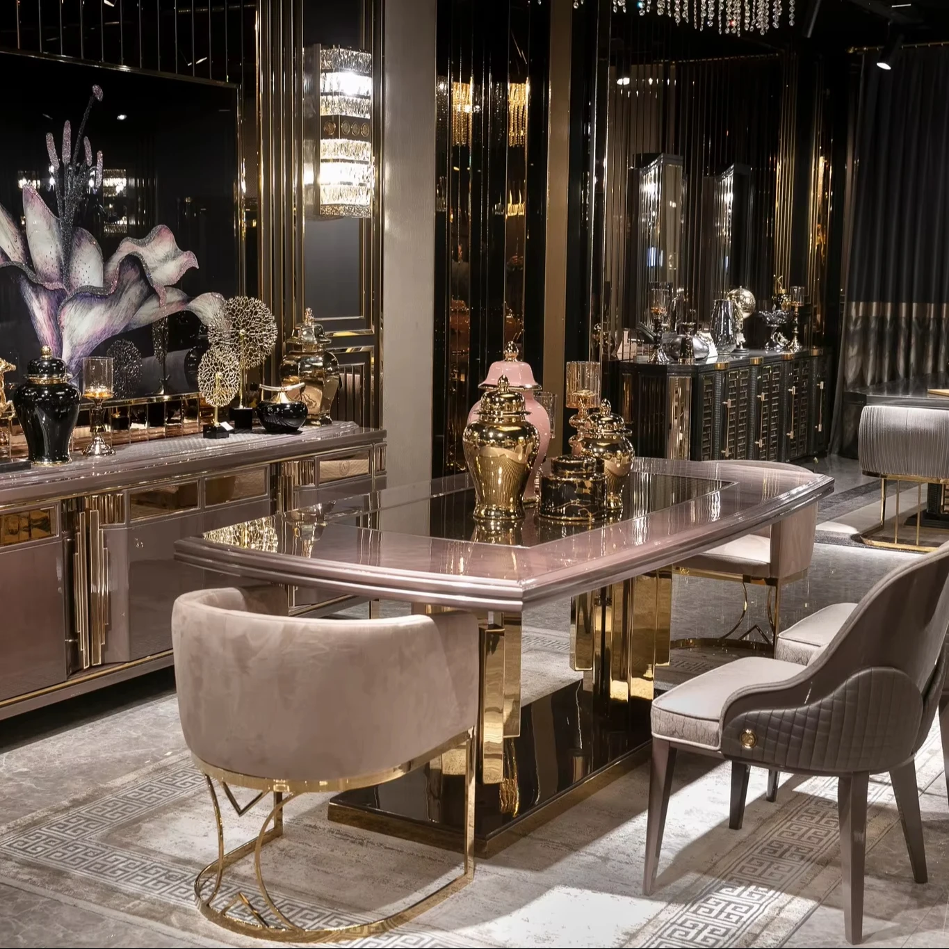 Esstisch im französischen Design mit Metallrahmen, moderner klassischer Küchen-Esstisch, Esstisch, Stuhl-Set 8