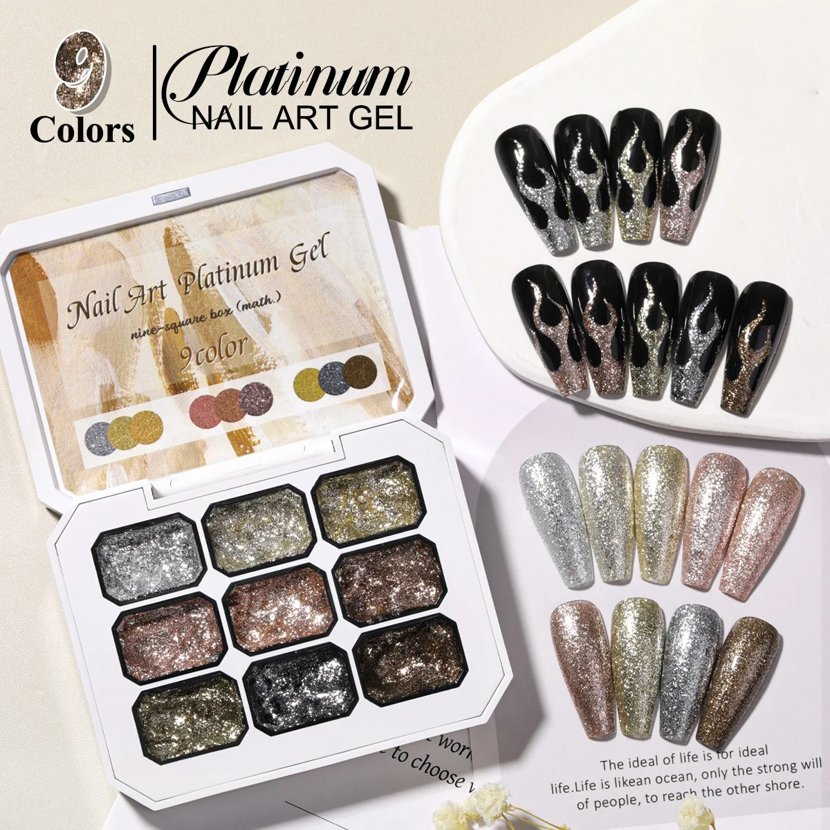 9-Farben-Set Metallischer Hochdichter Weiß-Goldener Gel, Abwaschfreier Fester Farbverlauf-Nagellack mit Langanhaltendem Glitzereffekt, Sin Image
