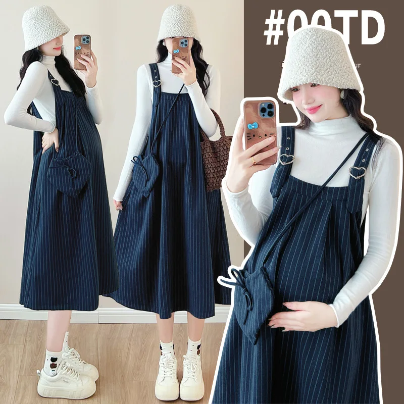 2025 Elegant Maternity Set Autumn Pregnancy Dress Two Piece Outfit Loose Wool Pinafore Dress Layering Top Chic Mommy Wear