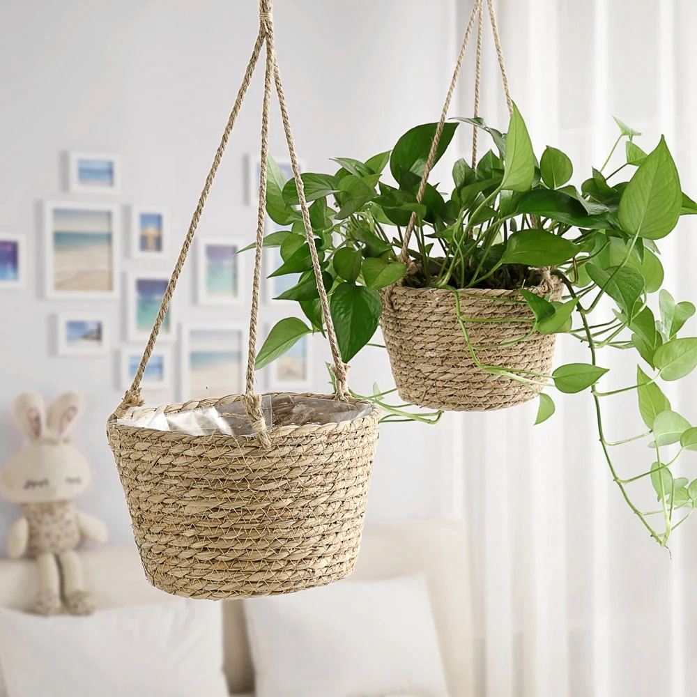 1PC Stroh Hängenden Korb Pflanzer Schnur Gewebt Blumen Korb Rattan Korb Hängen Orchidee Topf Topf Hängen Becken Image