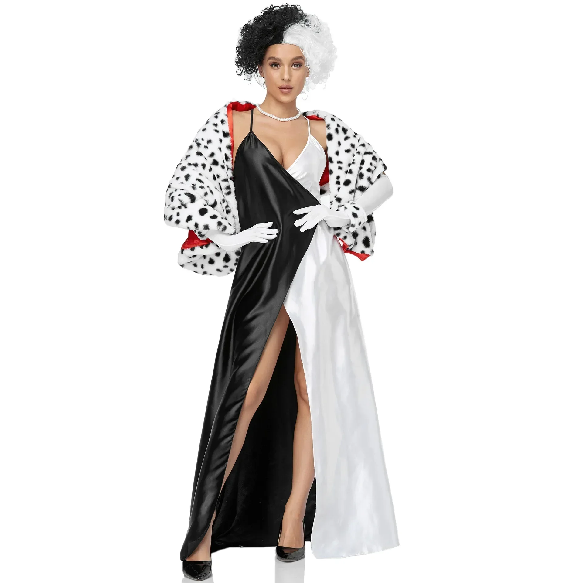 Cruella 101, Dalmatiner-Hundekleid, Umhang, Halloween-Kostüm für Damen, Verkleidung für Erwachsene, Hexe, Dämon, Cruella, Cosplay, Anime-Perücken, Robe Image