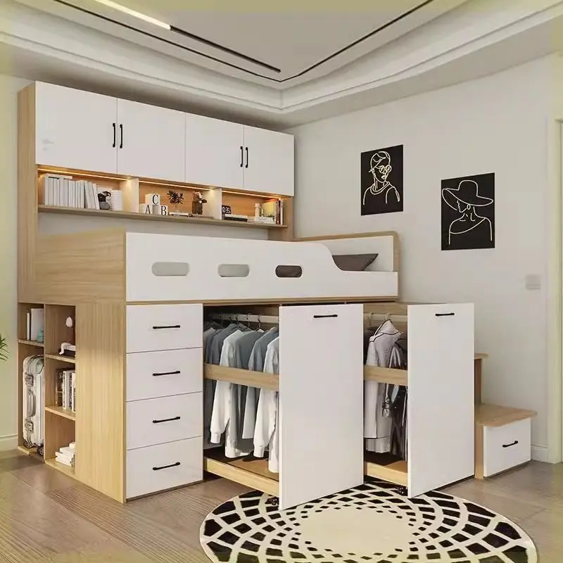Kleine Wohnung Massivholz High Box Stauraumbett Kleiderschrank integriert, Bett Schreibtisch Kombinationsbett, multifunktionales Hochbett