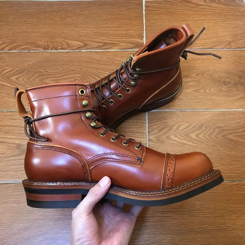 Neue Vintage Britische Runde Kappe Männer Schuhe Lace-Up Echtes Kuh Leder Stiefeletten Arbeit Kleid Motorrad Stiefel Rot braun Casual