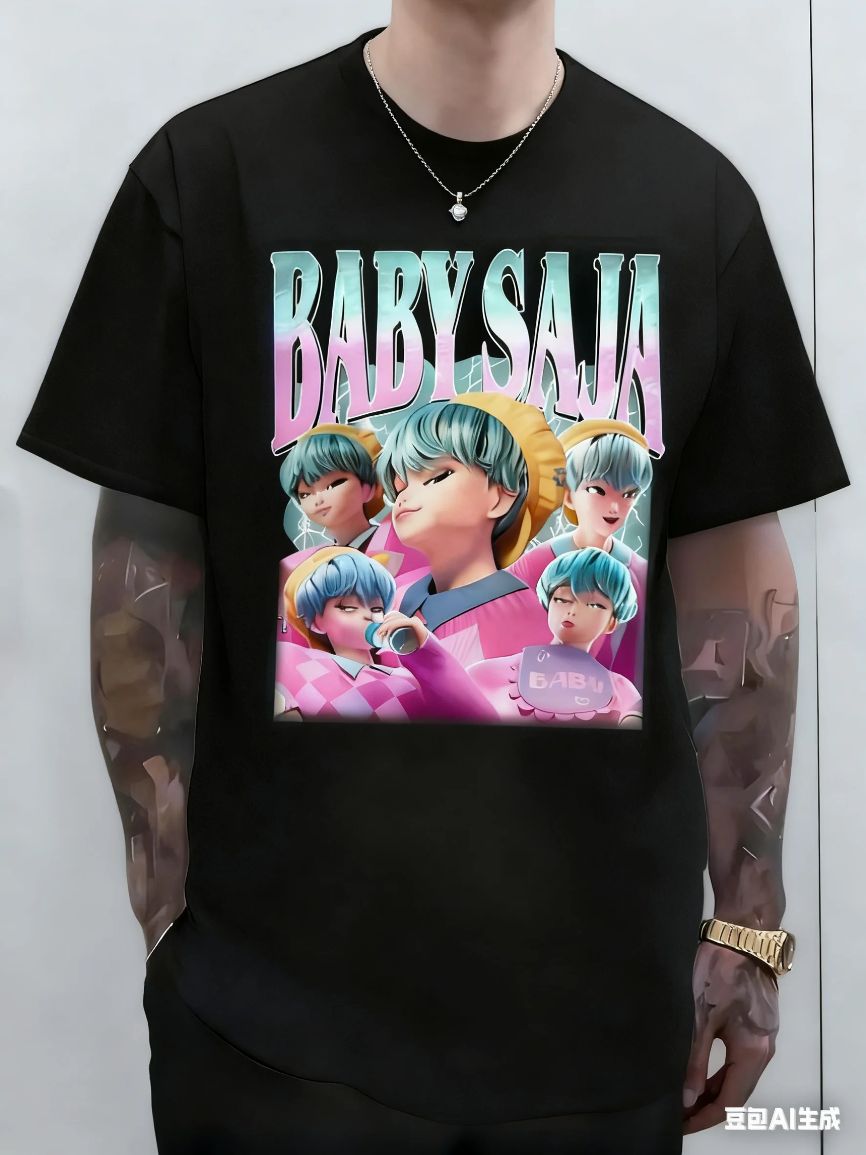 Baby Saja Retro Kpop Demon Hunter Bösewicht T-Shirts aus reiner Baumwolle für Paare Sommer Fantastische lockere Kurzarmkleidung