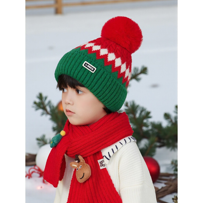 Kid's Christmas Hat and Scarf Set, Soft Knit Winter Hat with Pom Pom and Reindeer Scarf, Multiple Colors, Perfect for Holiday Gifts and Winter Celebrations