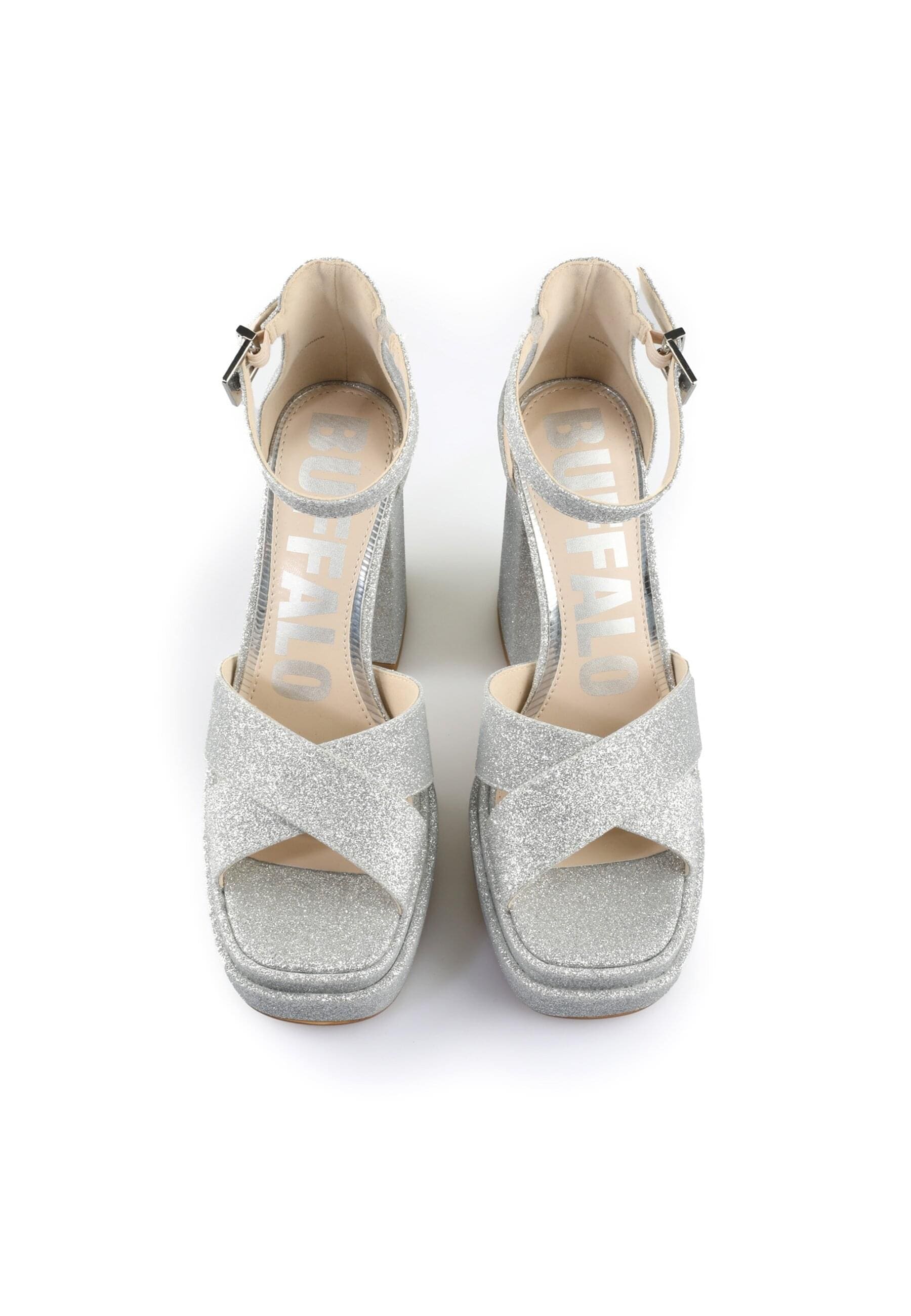 High-Heel-Pumps BUFFALO "Buffalo Cross -Vegan Glitter", Damen, Gr. 40, silber, Kunstfaser, unifarben, Schuhe