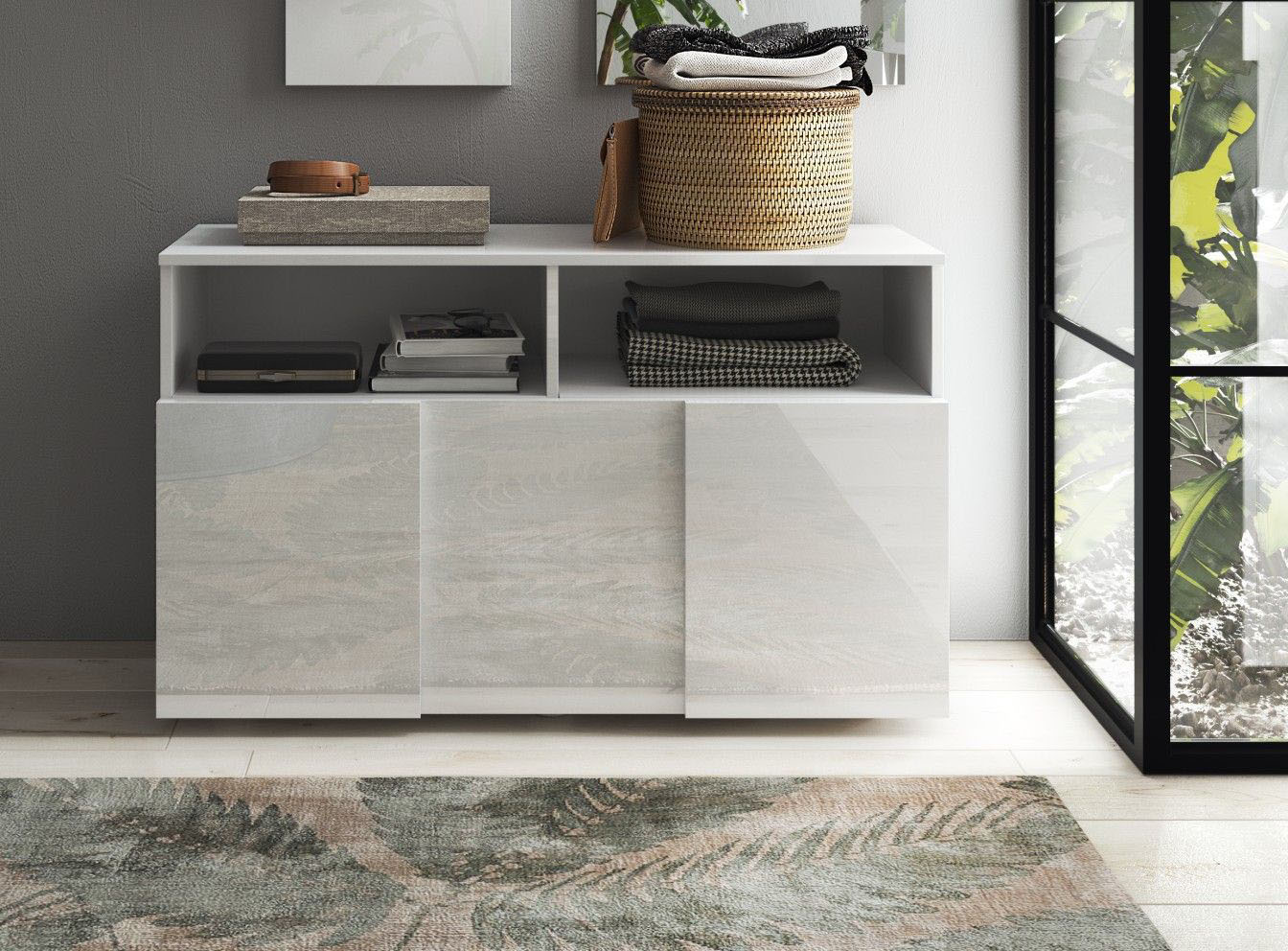 Garderobenschrank HOME AFFAIRE "Dama, Breite 91 cm, Höhe 51 cm, Schuhbank 1 Klappe", weiß (weiß hochglanz lack), B:91cm H:51cm T:35cm, Schränke, Garderobenschrank, Garderobenbank, Front in 3D-Optik