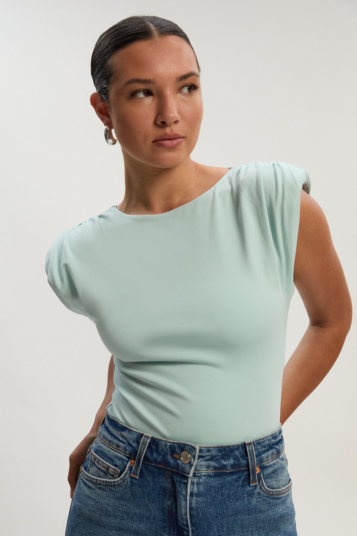 Karen Millen Womens Stretch Jersey Power Shoulder Bodysuit - Blue Cotton - Size X-small | Karen Millen Sale | Discount Designer Brands