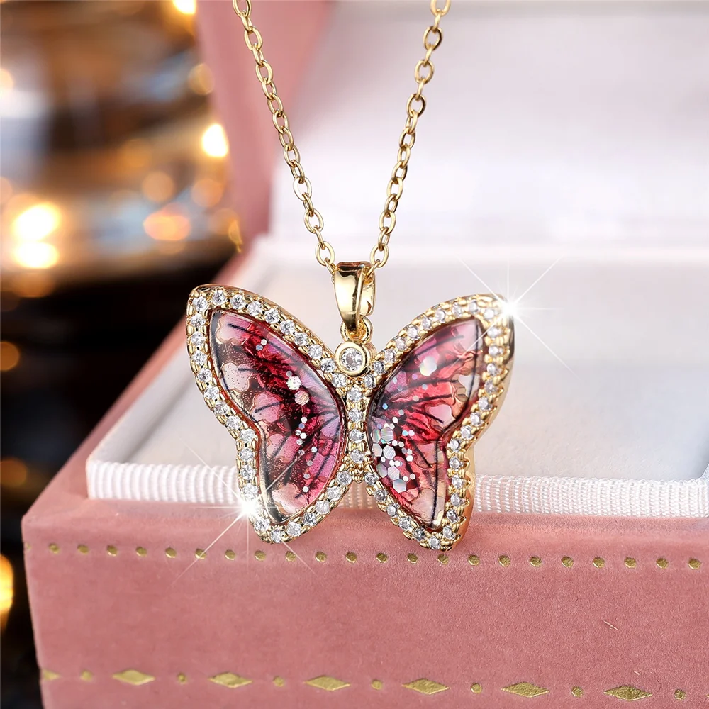 Weibliche Kristall Weiß Zirkon Roten Stein Nette Schmetterling Anhänger Halskette Vintage Gold Farbe Hochzeit Schmuck Für Frauen Image