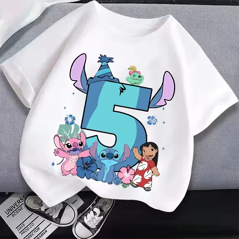 Lilo Stitch T-shirt for Kids Clothes Birthday Number 1-9 Print Children Clothing Cute Anime Tee Party Wear Cotton Baby Tops Gift