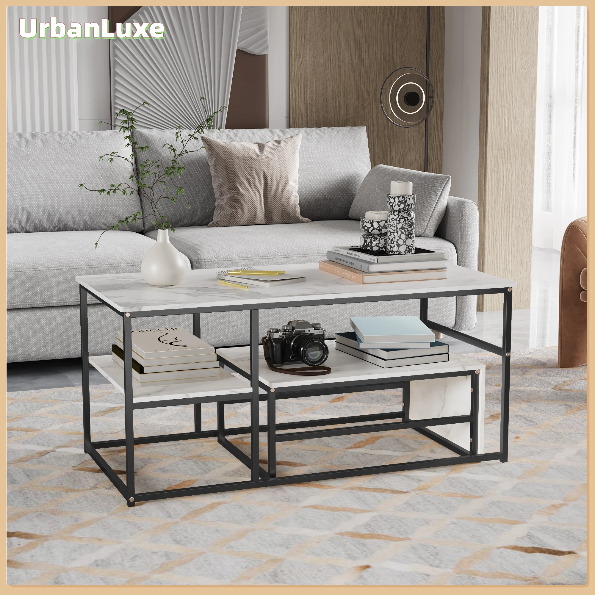 UrbanLuxe Couchtisch, Marmorplatte, Wohnzimmertisch, Couchtisch mit Stauraum, Moderner Couchtisch, schwarze Beine, weiße Platte Image