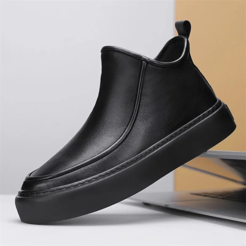 High Top Herren Lederstiefel Mode Slip on Herren Stiefeletten Weiche Bequeme Leichte Männliche Freizeitschuhe Plattform Arbeitsstiefel Image