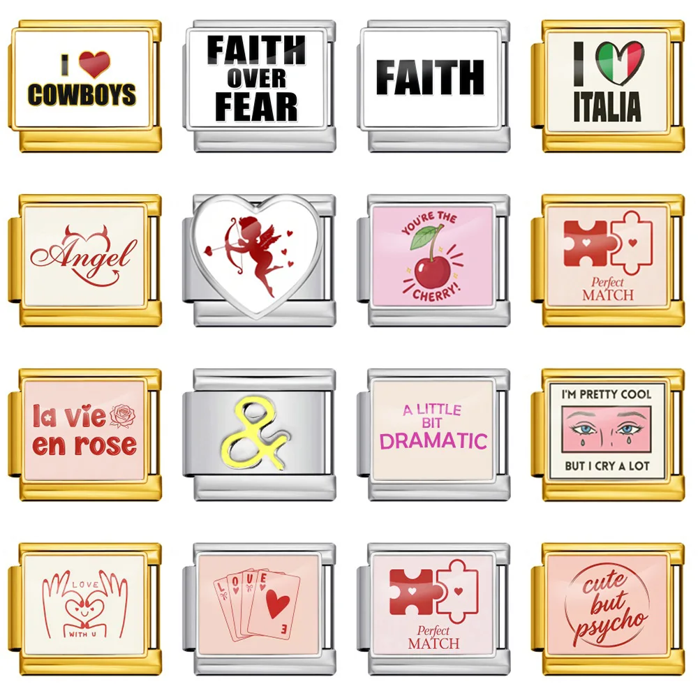 Modische englische Worte, Glaube, Cowboys, Rose, Ciao Bella, Angst, italienischer Link, passend für 9 mm Schmuckherstellung, DIY-Edelstahl-Charm-Armband Image