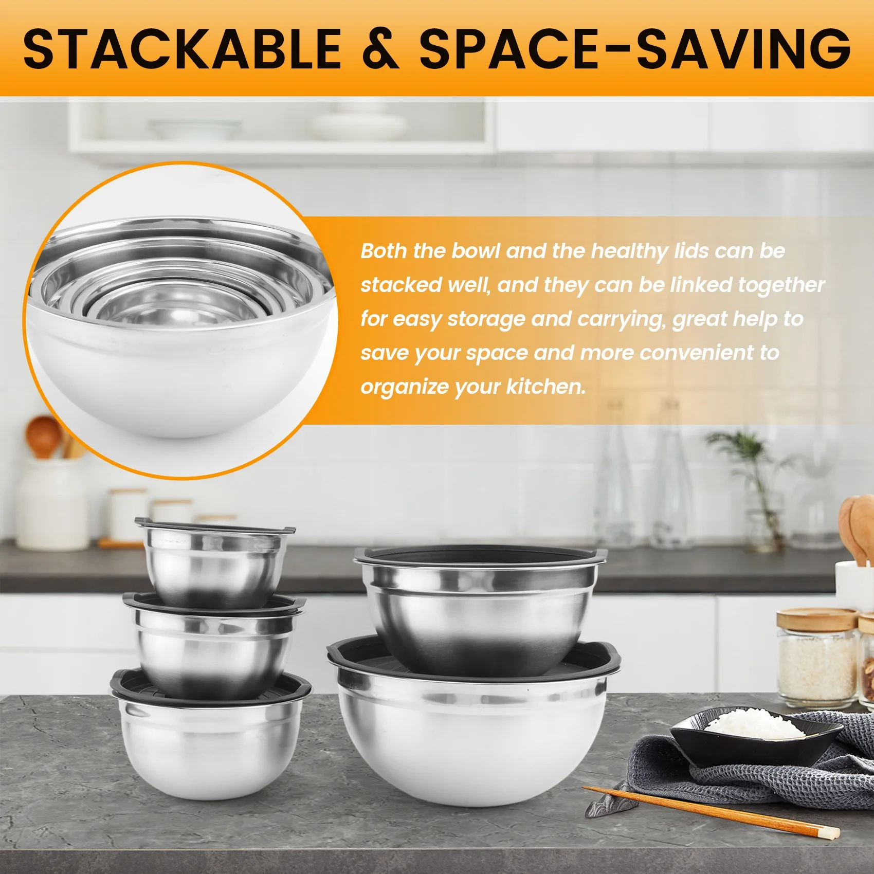 A66I2 5-teilige Rührschüssel, stapelbare Salatschüssel aus Edelstahl mit luftdichtem Deckel, Servierschüssel zum Kochen, Backen usw Image