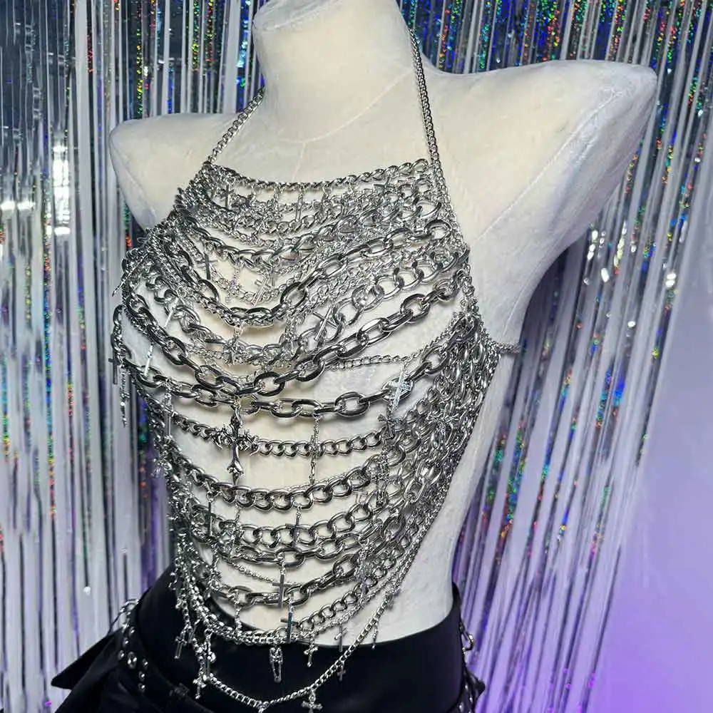 Damen Silber-Kettenhemd Gothic Punk Rock Kettenkleidung E-Girls Y2K Grunge Cyber Eco 90er Emo Digital Gothic Tanktop für Teenager