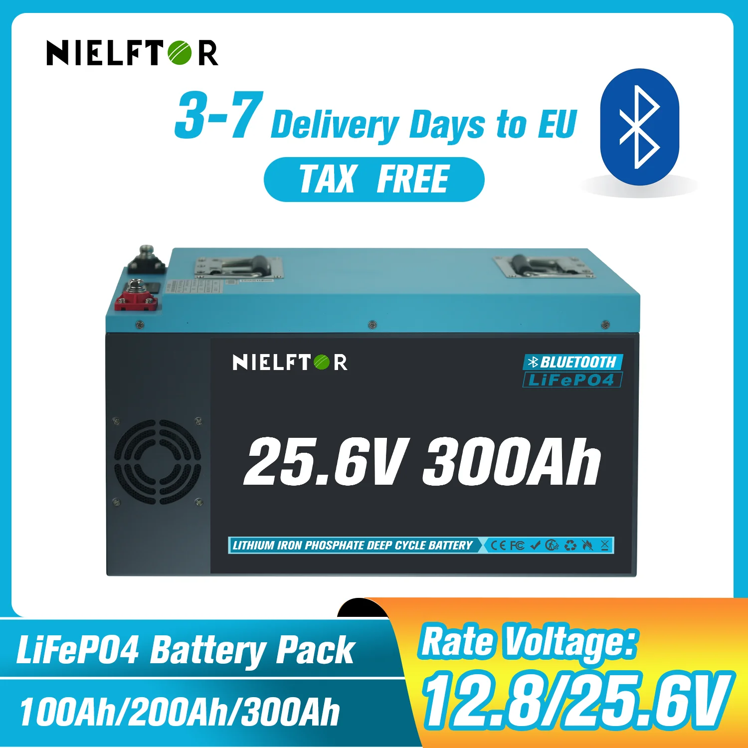 LiFePO4-Akku, 24 V, 300 Ah, 200 Ah, 100 Ah, 12 V, 48 V, Lithium-Akku, Bluetooth-Zellen der Güteklasse A, 6000+ Zyklus für Solar-Wohnmobil, EU-Lager Image