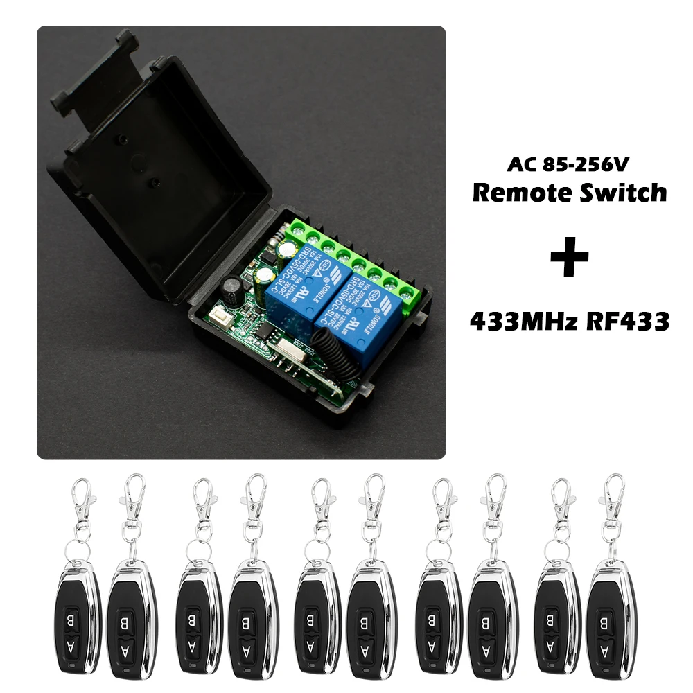 2CH 433 MHz RF-Fernschalter AC 85–256 V, 2-Kanal-Funkrelais für Garagentor/Vorhang/Licht mit 433 MHz Handsender Image