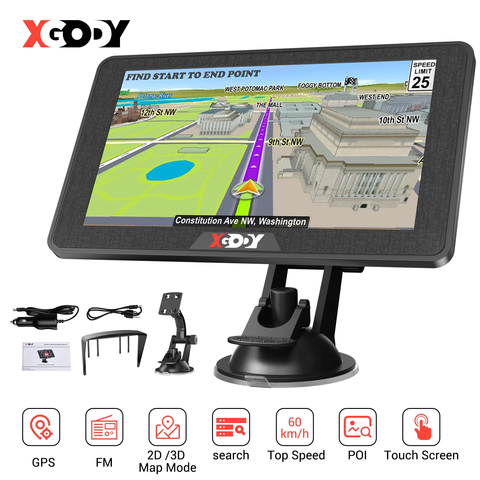 XGODY 7'' Zoll 16G Autonavigation UK/EU MAP TouchScreen für LKWs, Autos, Busse, GPS-Navigation POI Image