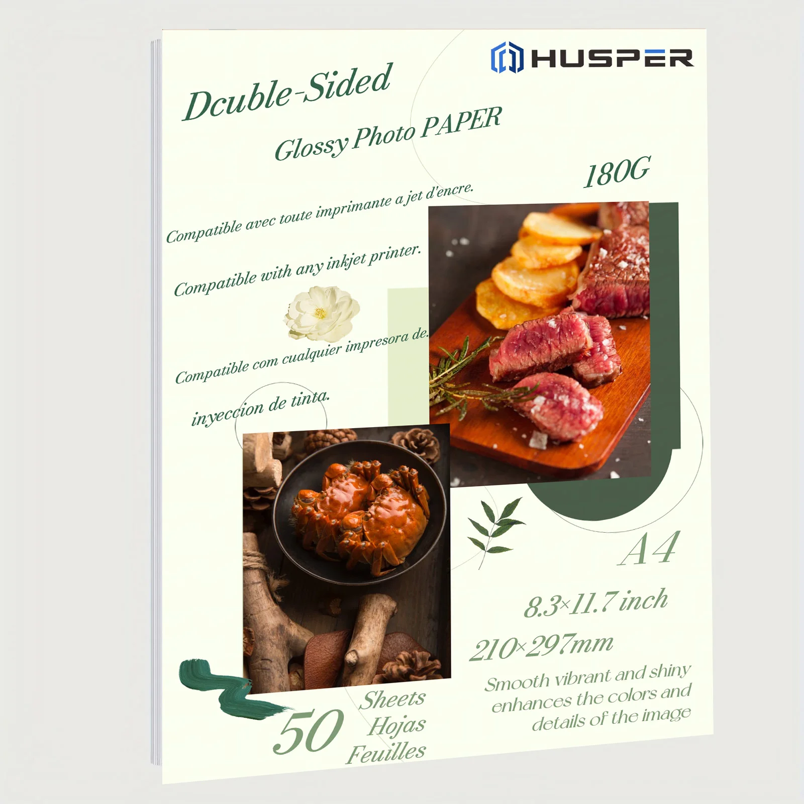 HUSPER A4 (8,3 x 11,7 Zoll), 50 Blatt, 180 g doppelseitiges, glänzendes Inkjet-Fotopapier Image