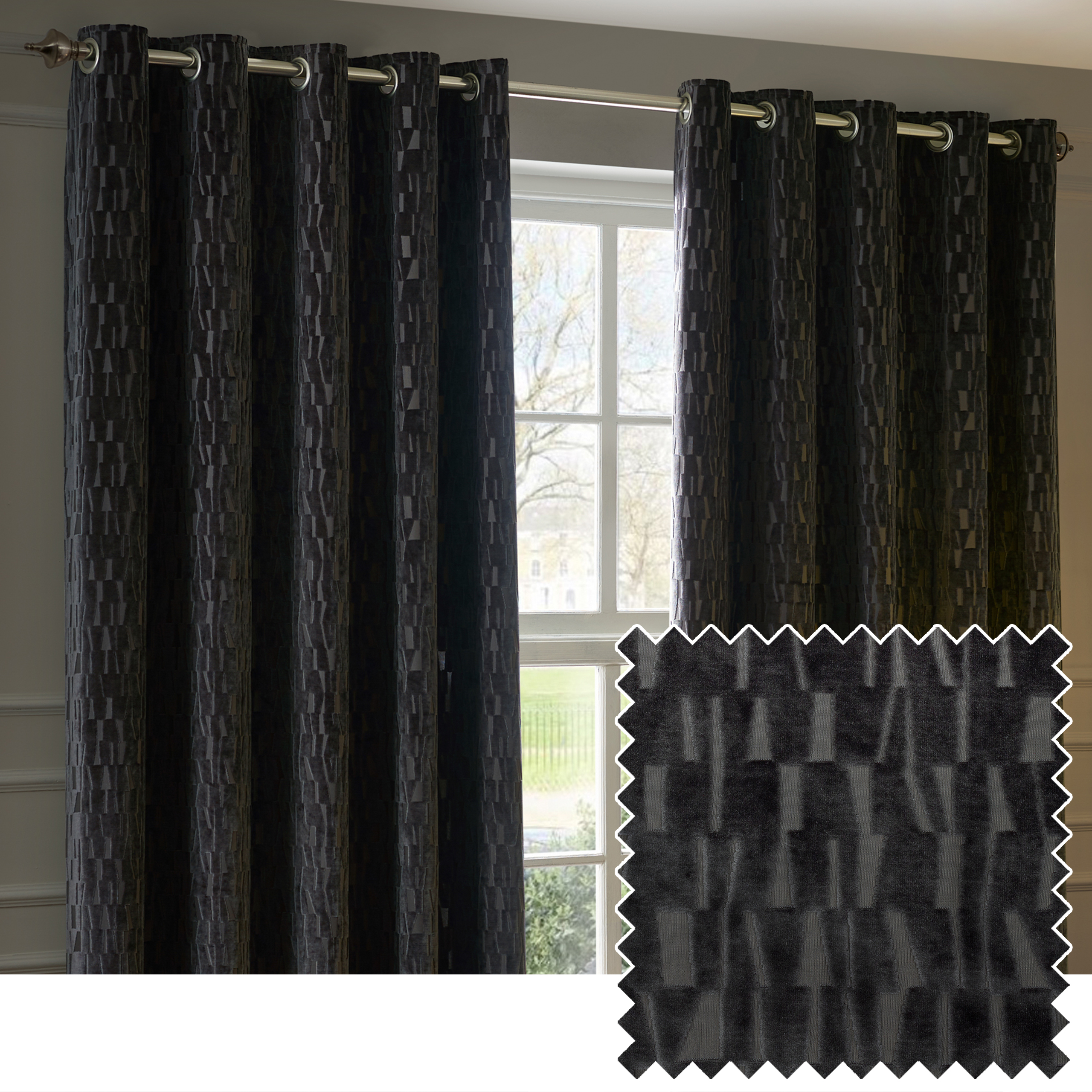 Paoletti Manhattan Velvet Room Darkening Eyelet Curtain Pair, Charcoal - Black - Size 229 cm x 137 cm | Paoletti Sale | Discount Designer Brands