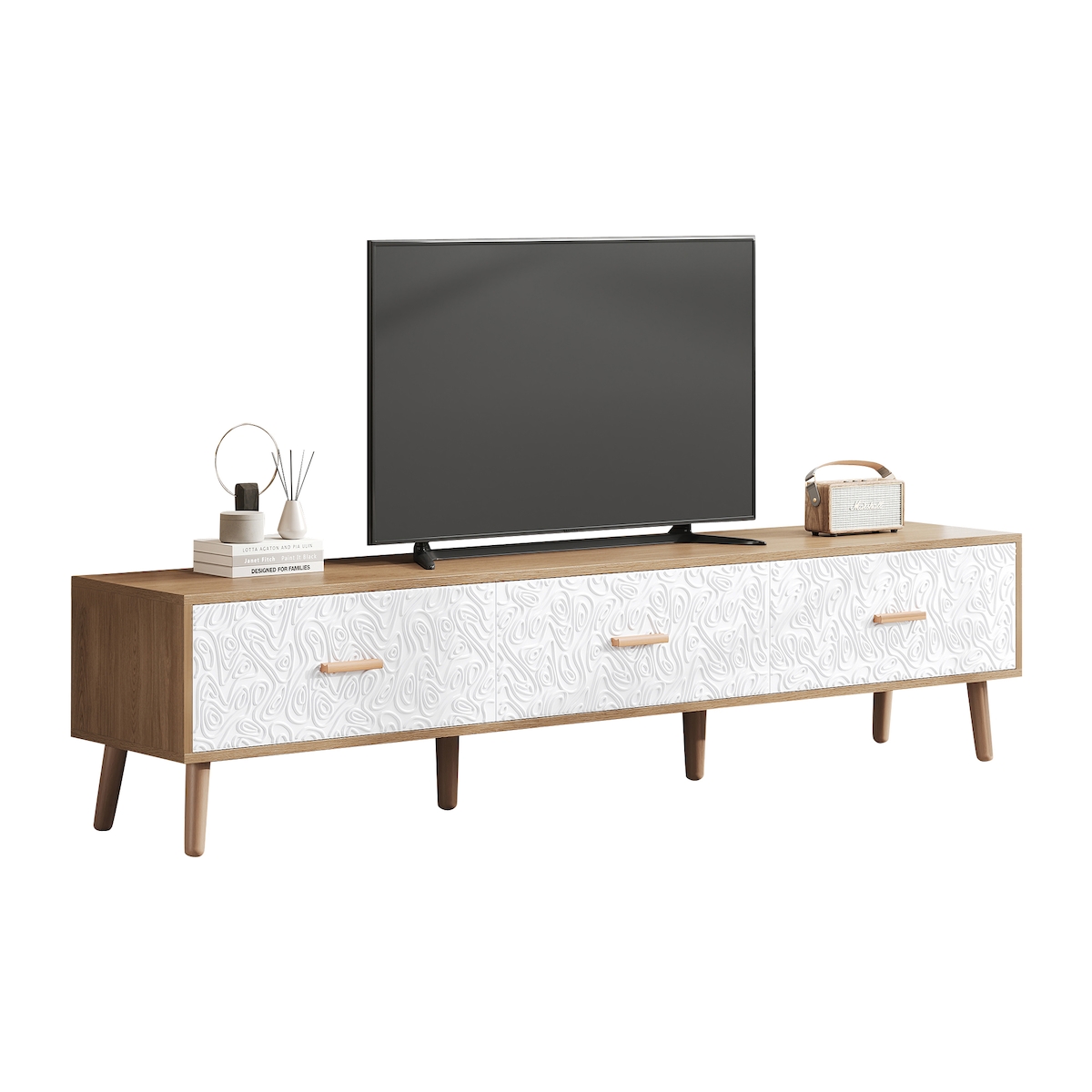 OKWISH TV-Schrank Lowboard Retro mit 3 Schubladen und Massivholzbeinen für Multimedia Stauraum, elegant strukturierte Türen, 150x39x35 cm, Weiß+holz Image