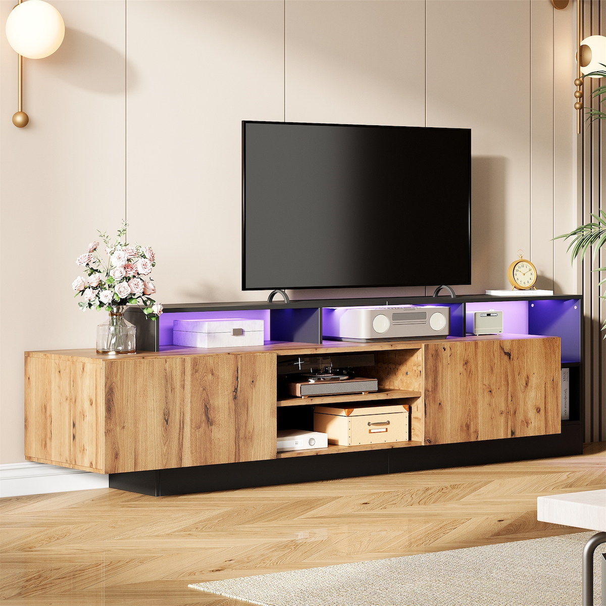 OKWISH TV-Ständer 190x40x48 cm Original Holz Schwarz für 70 Zoll Fernseher Moderner TV-Schrank mit LED Beleuchtung Ablage Stauraum Wohnzimmer Image