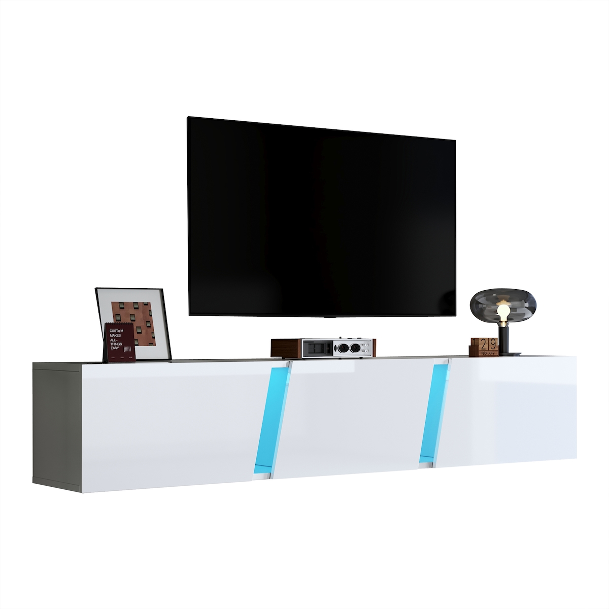 OKWISH Wandmontierter TV-Schrank 180x35x30 cm für 75 Zoll LED-App-Steuerung Hochglanz Acryl Schwebend Mit Schrank Weiß Image