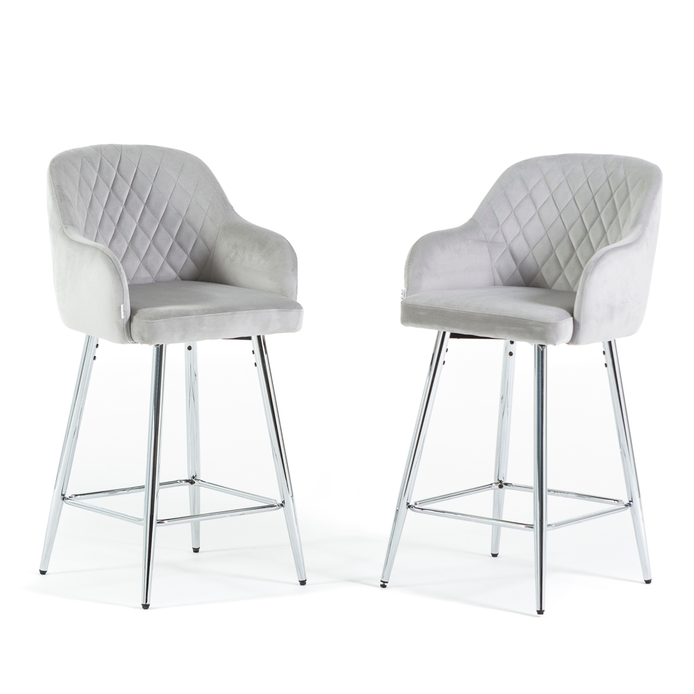 RATTATAN 2er-Set Barhocker aus Samt mit Metallbeinen und gepolsterter Sitzfläche, elegantes Design – für Bar, Restaurant, Küche oder Theke – Tessa XL – Grau Image