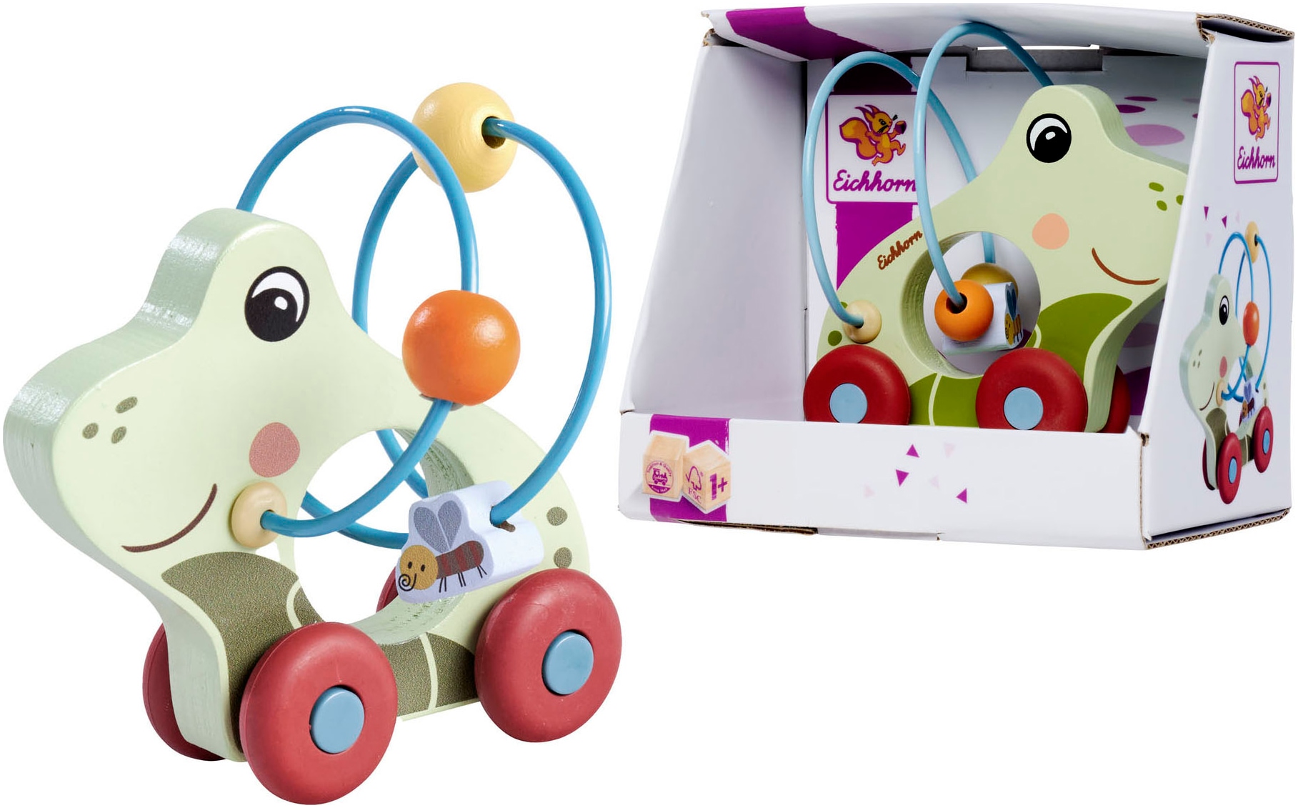 Nachziehtier EICHHORN "Schiebefrosch", bunt, Nachziehspielzeug, BabyL:11cm, Holz, FSC - schützt Wald, L:11cm