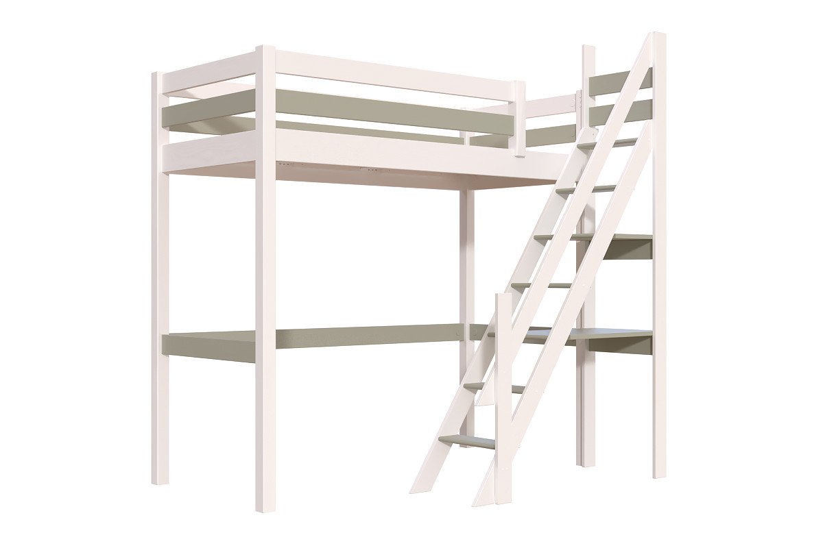 Lit Mezzanine bois Sylvia 90x200 avec escalier de meunier - Blanc/Moka