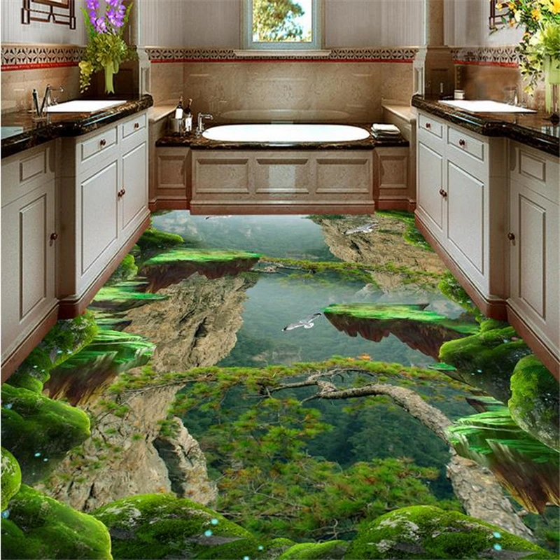 Beibehang Vinylboden wasserdichte benutzerdefinierte 3D-Bodentapete Forest, Valley Vinylboden Badezimmer moderne Tapete Image